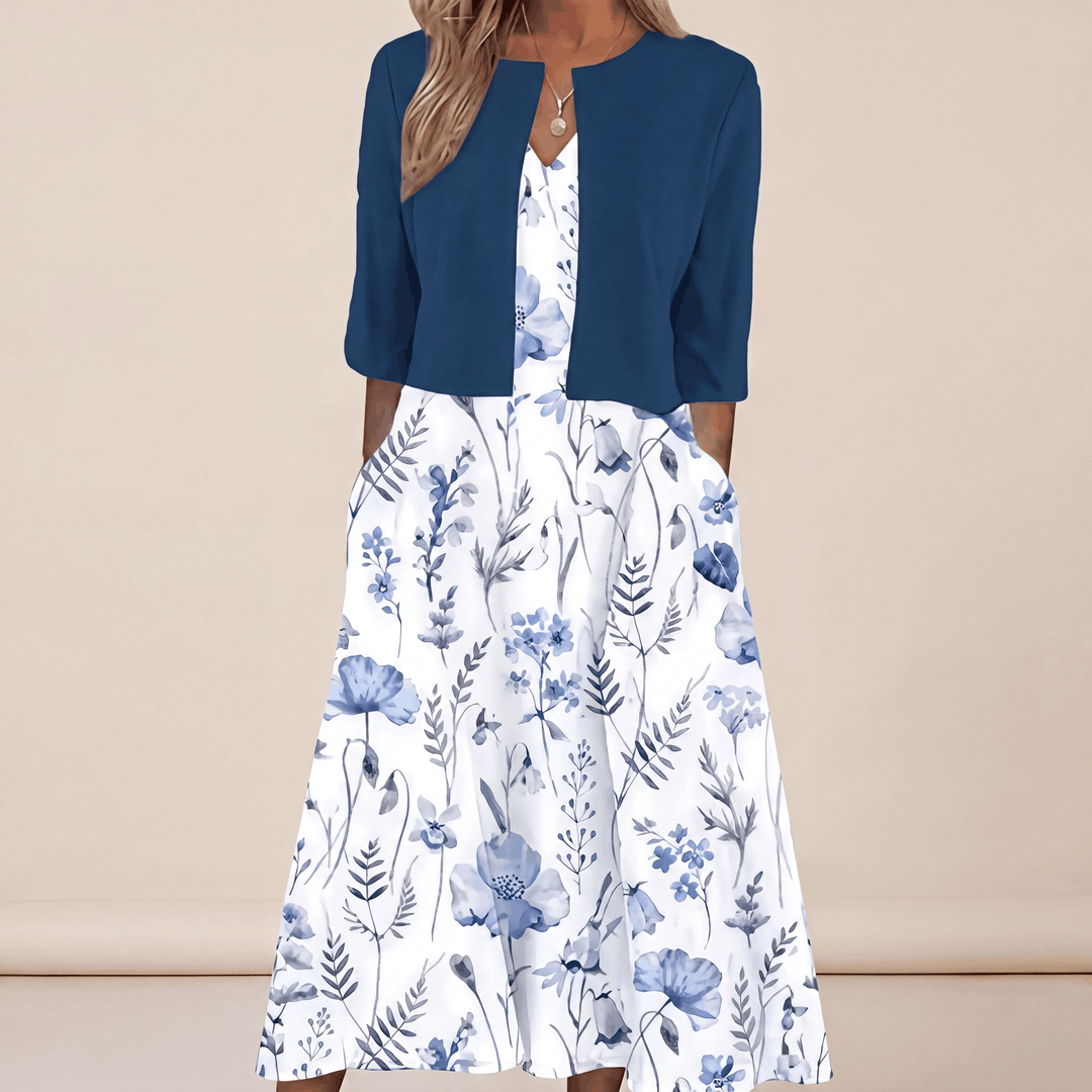 Sienna | Women's Floral-Print Layered-Look Split-Neck Half-Sleeve A-Line Midi Dress