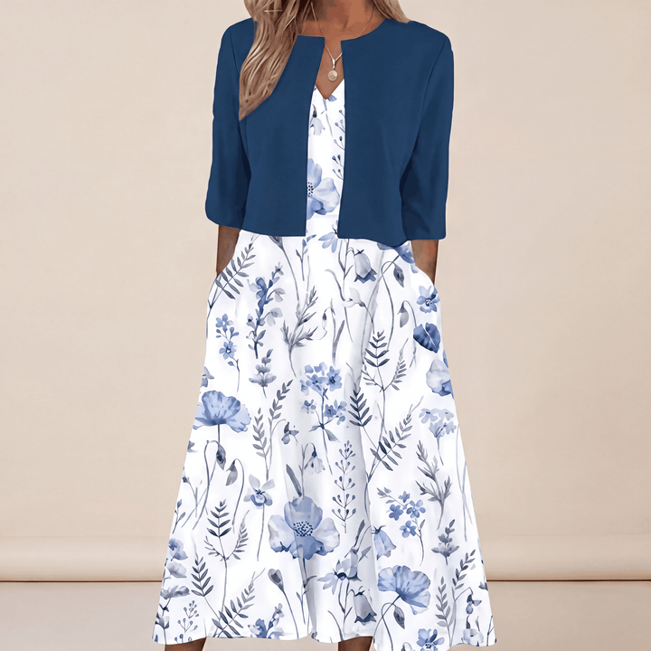 Sienna | Women's Floral-Print Layered-Look Split-Neck Half-Sleeve A-Line Midi Dress