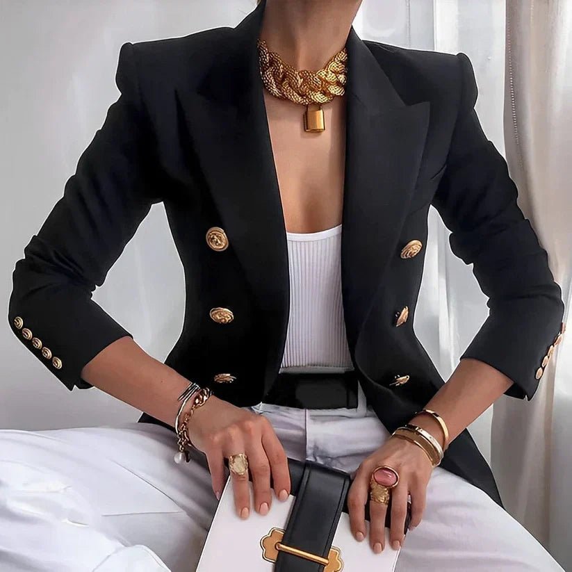 Women's Double-Breasted Gold Button Blazer with structured shoulders and fitted silhouette
