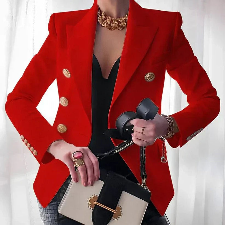 Women's Double-Breasted Gold Button Blazer with structured shoulders and fitted silhouette