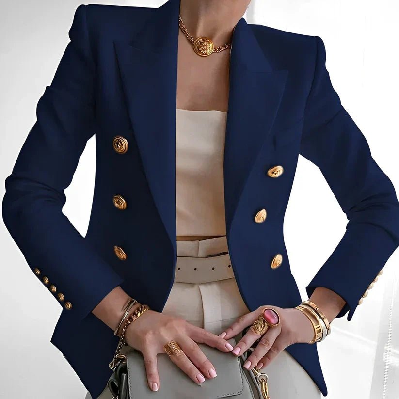 Women's Double-Breasted Gold Button Blazer with structured shoulders and fitted silhouette