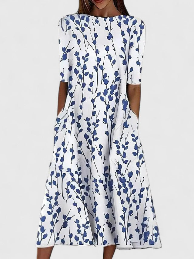Floral Print Round Neck Short Sleeve Midi Dress for Women