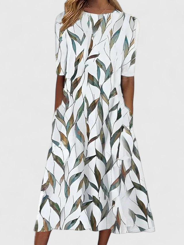 Floral Print Round Neck Short Sleeve Midi Dress for Women