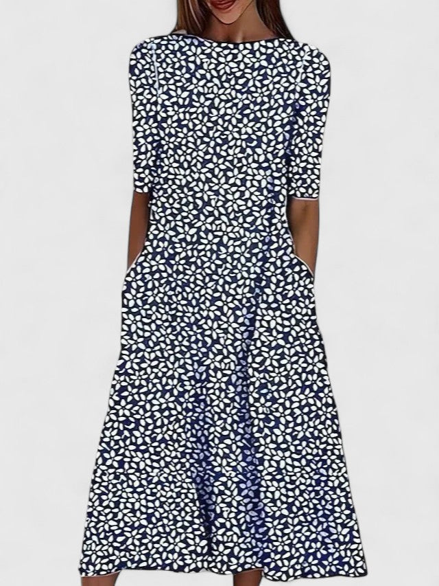 Floral Print Round Neck Short Sleeve Midi Dress for Women