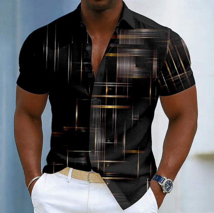 Men's black short-sleeve shirt with gold abstract geometric print and collar