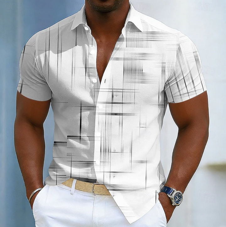 Men's white short-sleeve shirt featuring subtle grey geometric line pattern