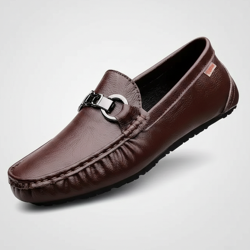 Brown pebbled leather driving loafer with silver buckle trim