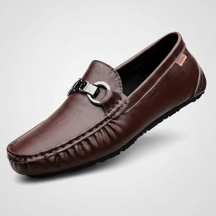 Brown pebbled leather driving loafer with silver buckle trim