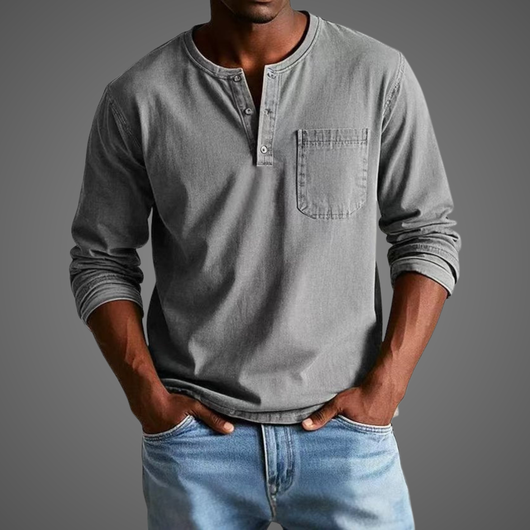 Grey long-sleeve Henley shirt with buttoned placket and chest pocket