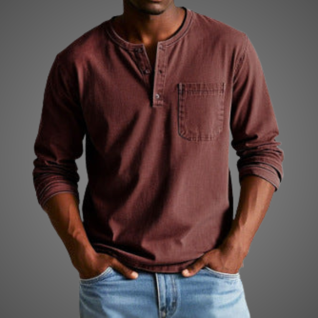 Burgundy long-sleeve Henley top with contrast stitching and chest pocket