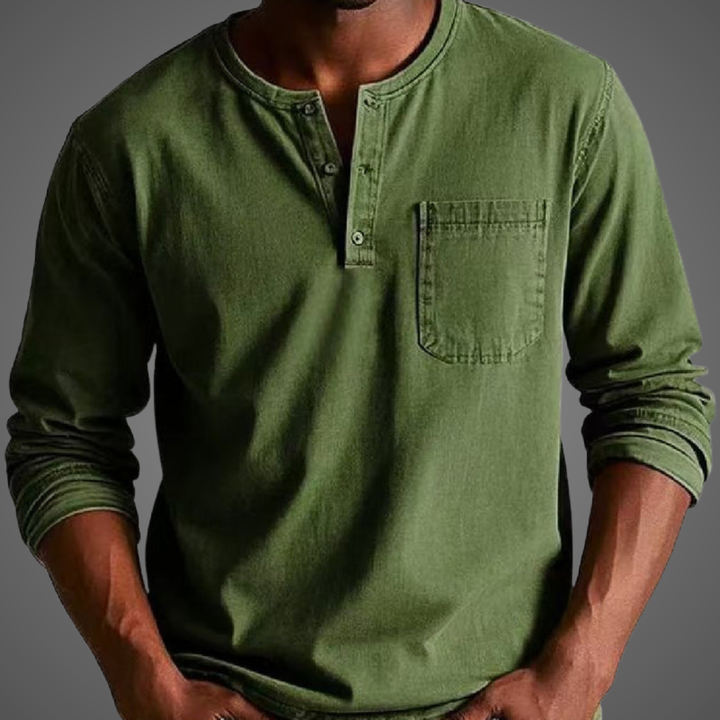 Olive green Henley top featuring stitched chest pocket and button neckline