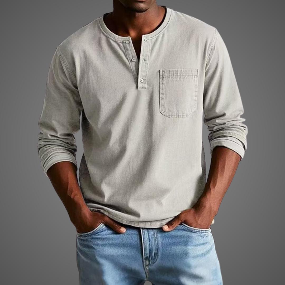 Pale grey cotton Henley shirt with rolled sleeves and buttoned collar