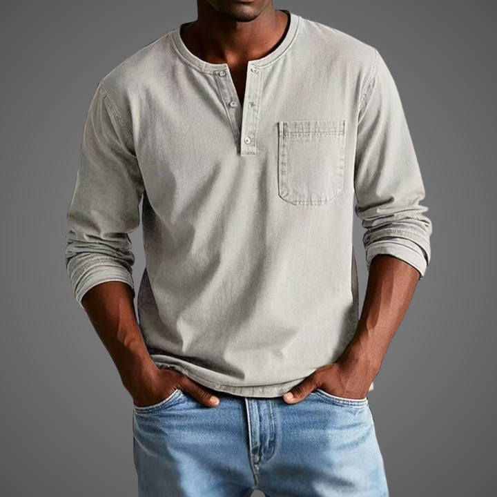 Pale grey cotton Henley shirt with rolled sleeves and buttoned collar