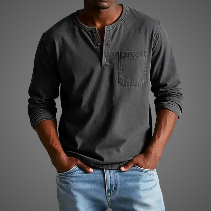 Charcoal grey Henley top with buttoned V-neck and patch pocket
