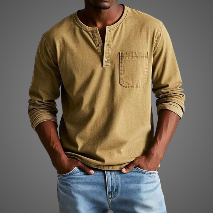 Mustard yellow Henley shirt with buttoned collar and stitched pocket detail