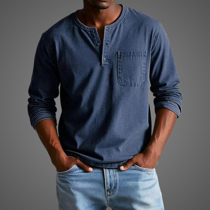 Navy blue cotton Henley top with rolled sleeves and chest pocket