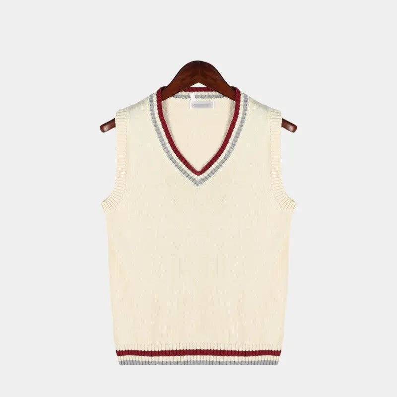 Cream sweater vest with red and grey striped V-neck and hem trim