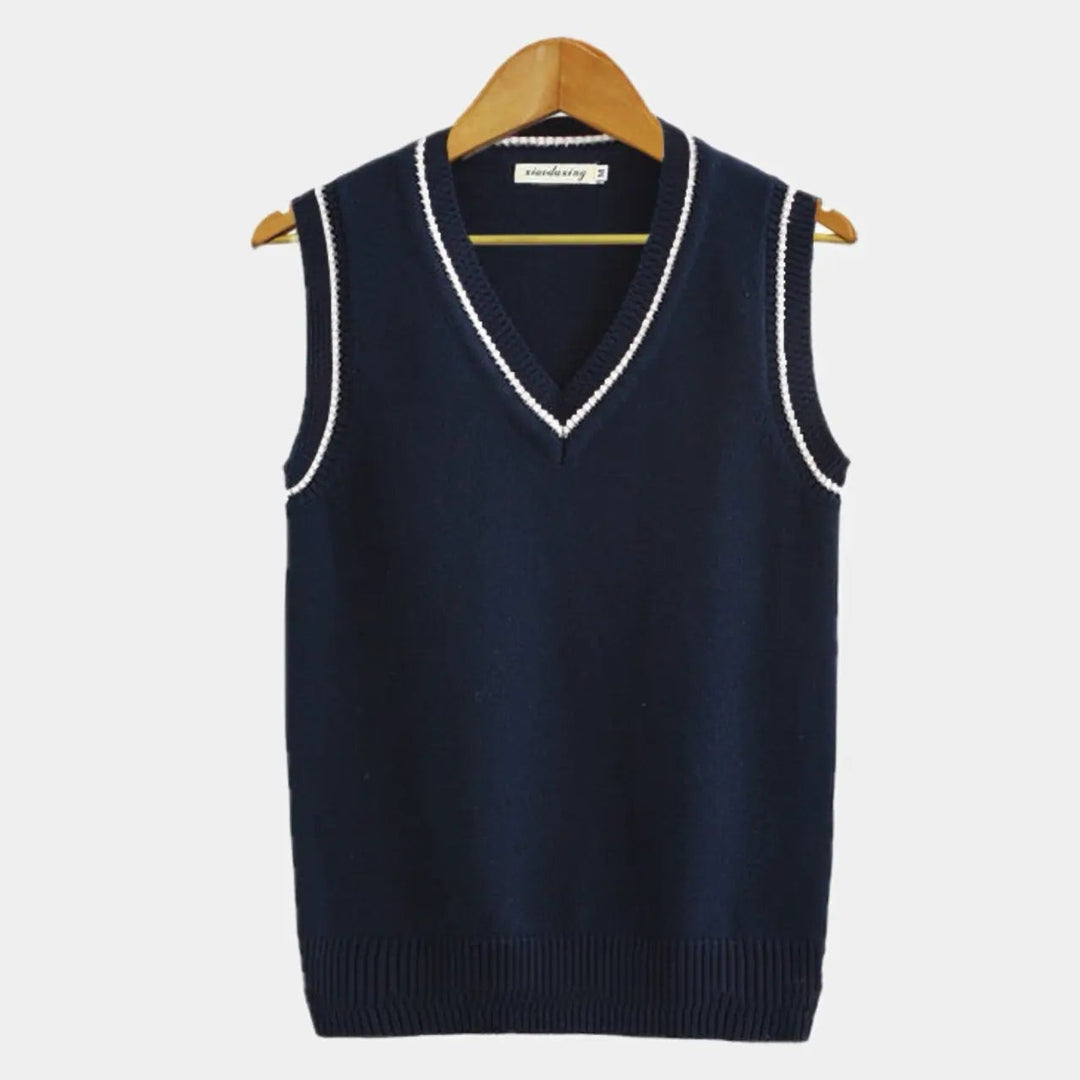 Navy knitted sweater vest with contrasting white ribbed V-neck edging