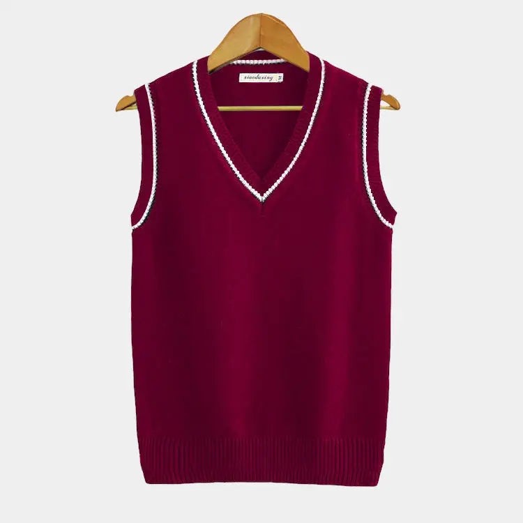 Burgundy knitted sweater vest with white ribbed V-neck detailing