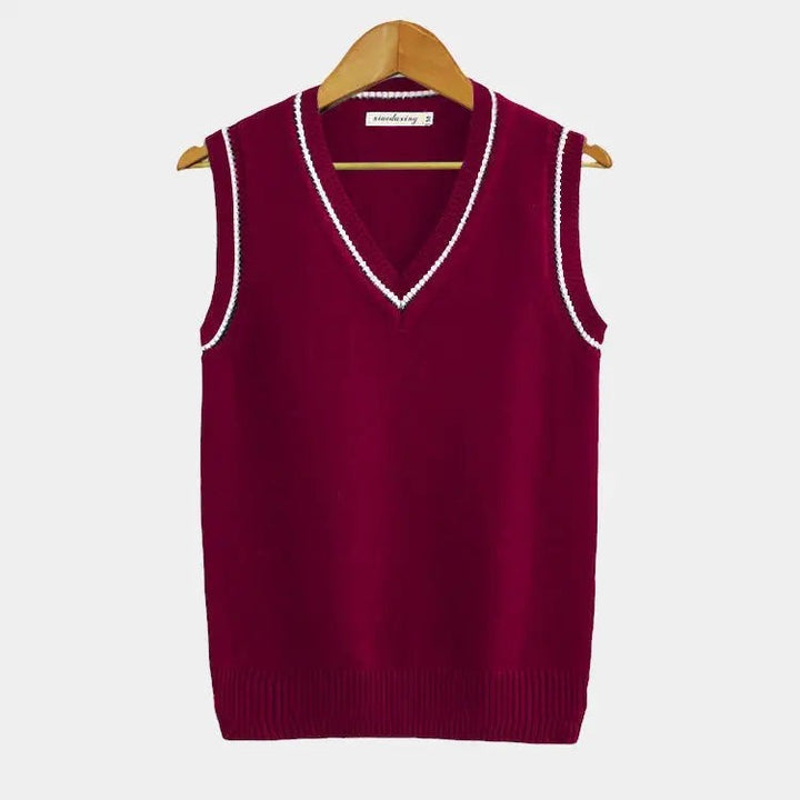 Burgundy knitted sweater vest with white ribbed V-neck detailing