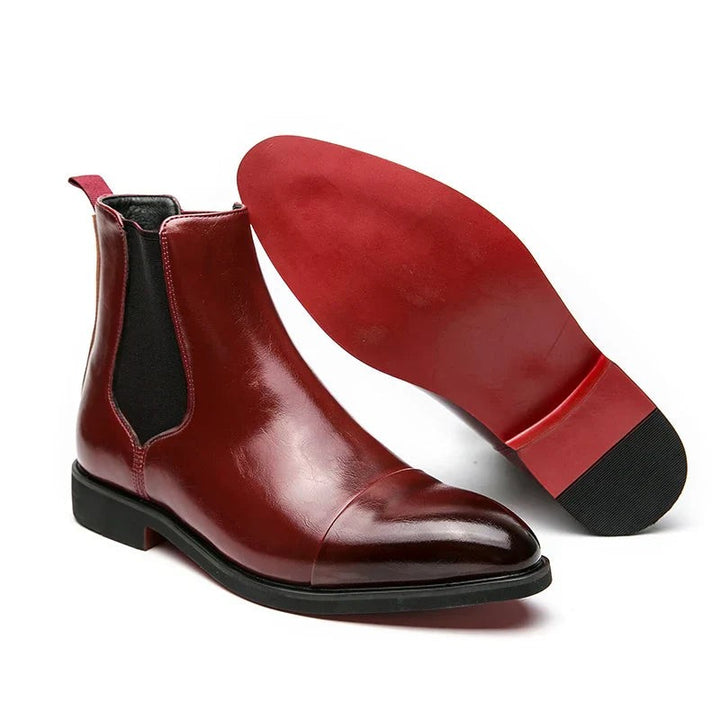 Burgundy leather Chelsea boots with elasticated side gusset and red leather sole