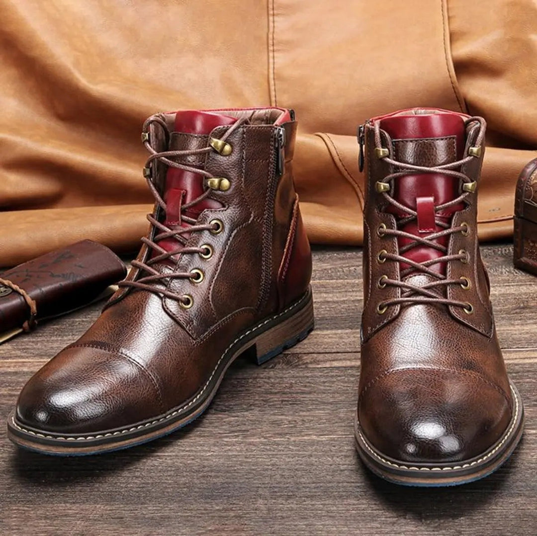 Brown leather lace-up ankle boots with burgundy panel and side zip detail