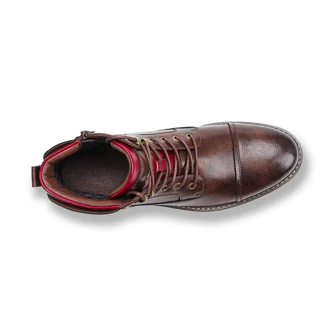 Top-down view of brown leather ankle boot with red lining and laces