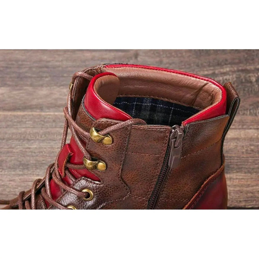 Detail shot of ankle boot collar with red trim and tartan lining