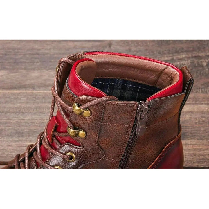 Detail shot of ankle boot collar with red trim and tartan lining