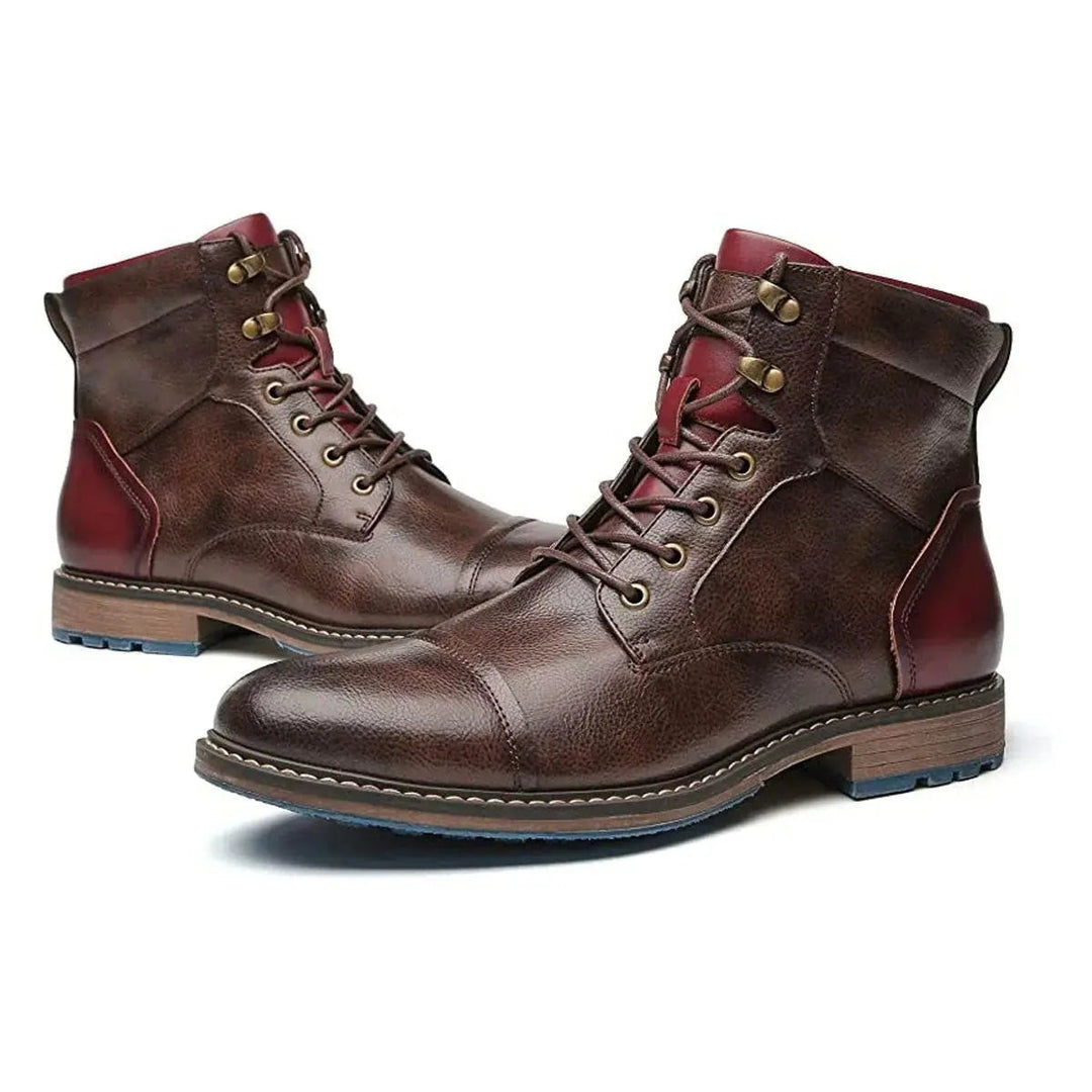 Brown leather Oxford ankle boots with burgundy heel and lace fastening