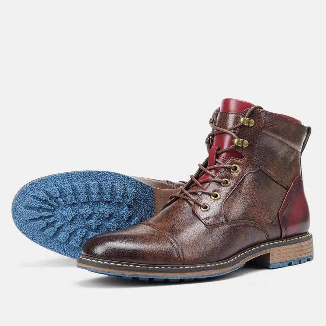 Angled view of leather ankle boot beside sole showing chunky tread pattern
