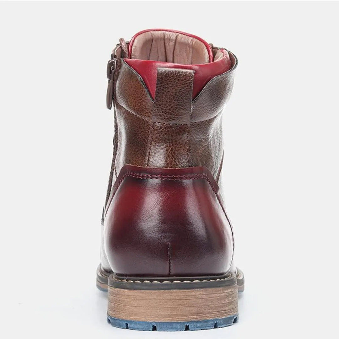Rear view of lace-up ankle boot highlighting burgundy leather heel counter