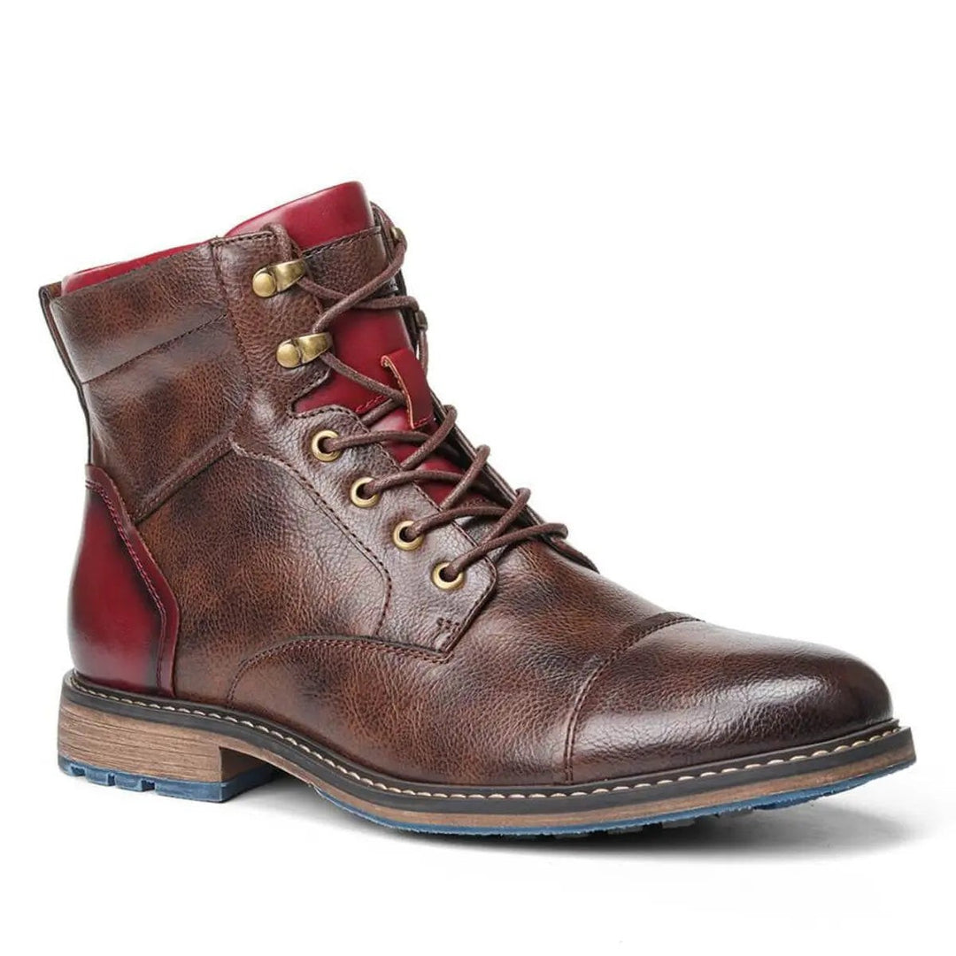 Three-quarter view of brown lace-up ankle boot with bronze eyelets