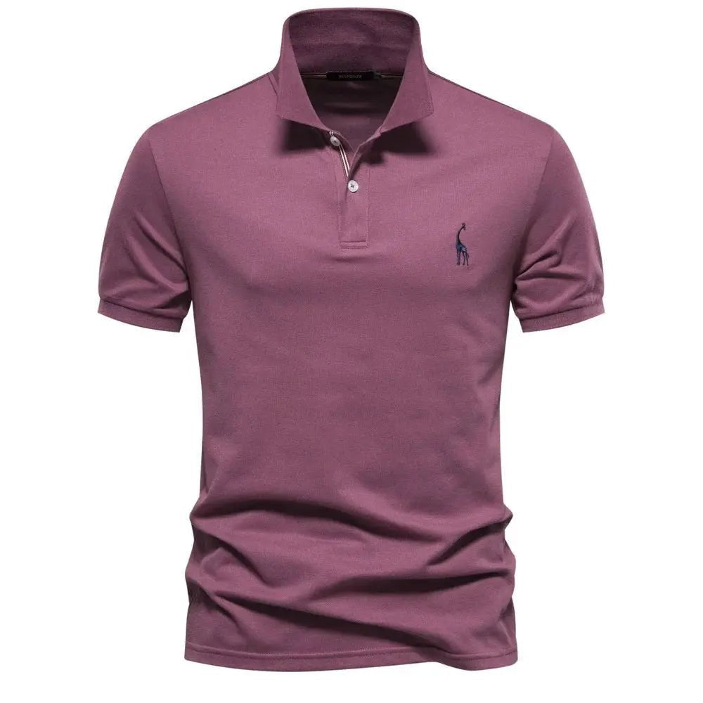 Mauve short-sleeve polo shirt with embroidered giraffe emblem and striped placket