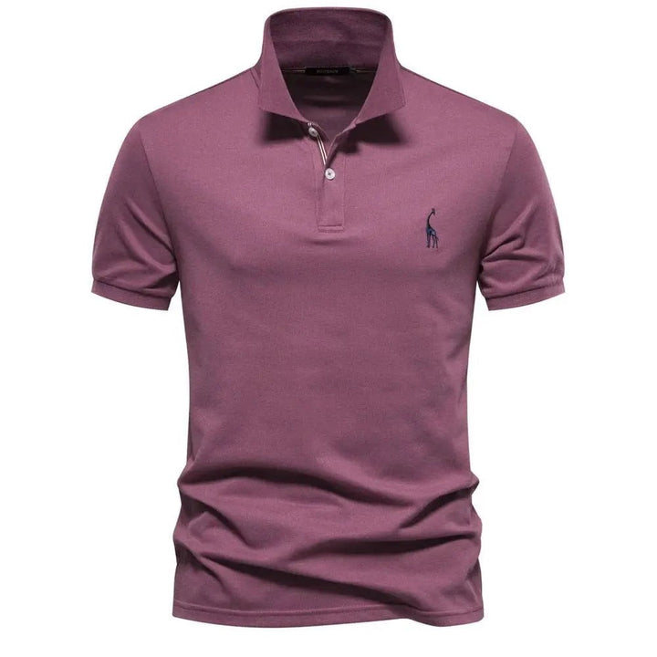 Mauve short-sleeve polo shirt with embroidered giraffe emblem and striped placket