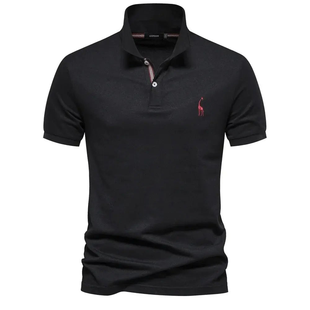 Black short-sleeve men's polo shirt featuring a red embroidered giraffe logo