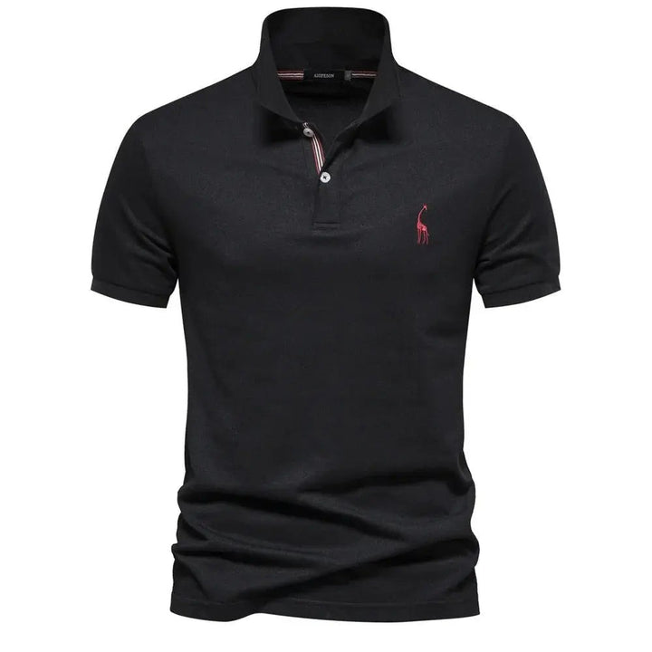 Black short-sleeve men's polo shirt featuring a red embroidered giraffe logo