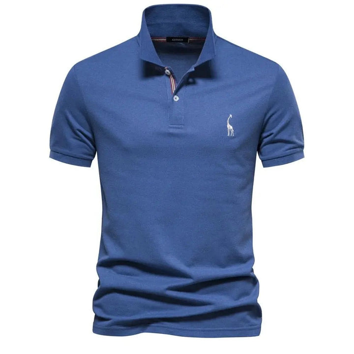 Denim blue men's polo shirt with classic collar and giraffe chest emblem