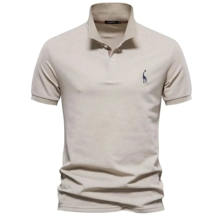 Beige short-sleeve polo shirt with embroidered giraffe motif and button placket