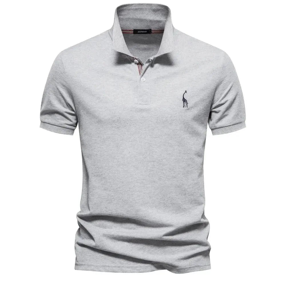 Heather grey men's polo shirt with ribbed collar and giraffe embroidery detail