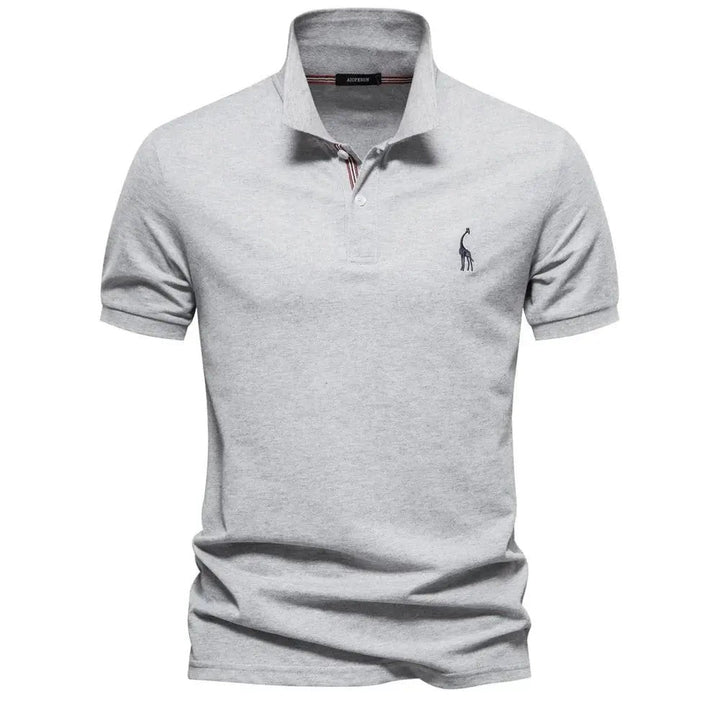 Heather grey men's polo shirt with ribbed collar and giraffe embroidery detail