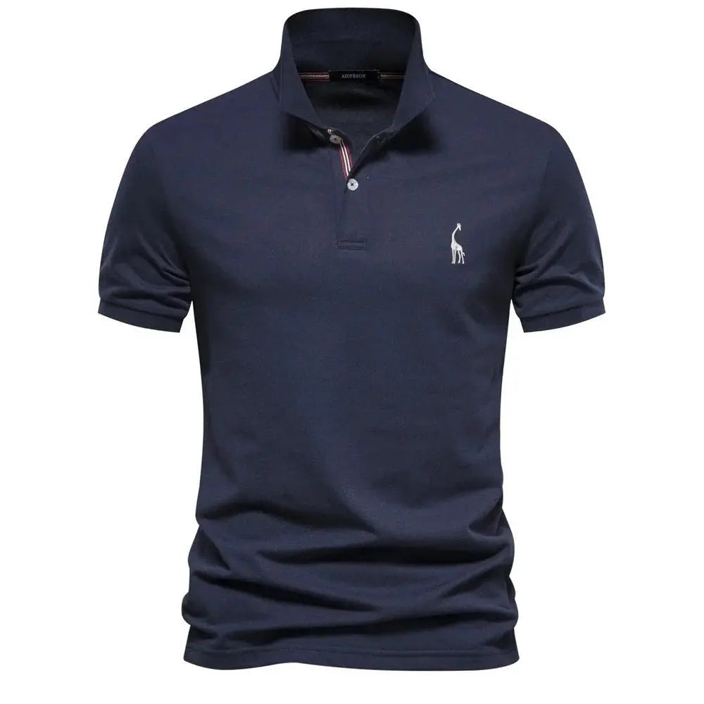 Navy blue polo shirt with striped button placket and giraffe emblem