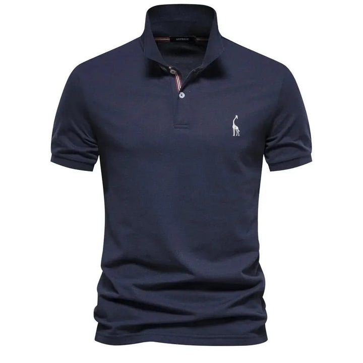 Navy blue polo shirt with striped button placket and giraffe emblem
