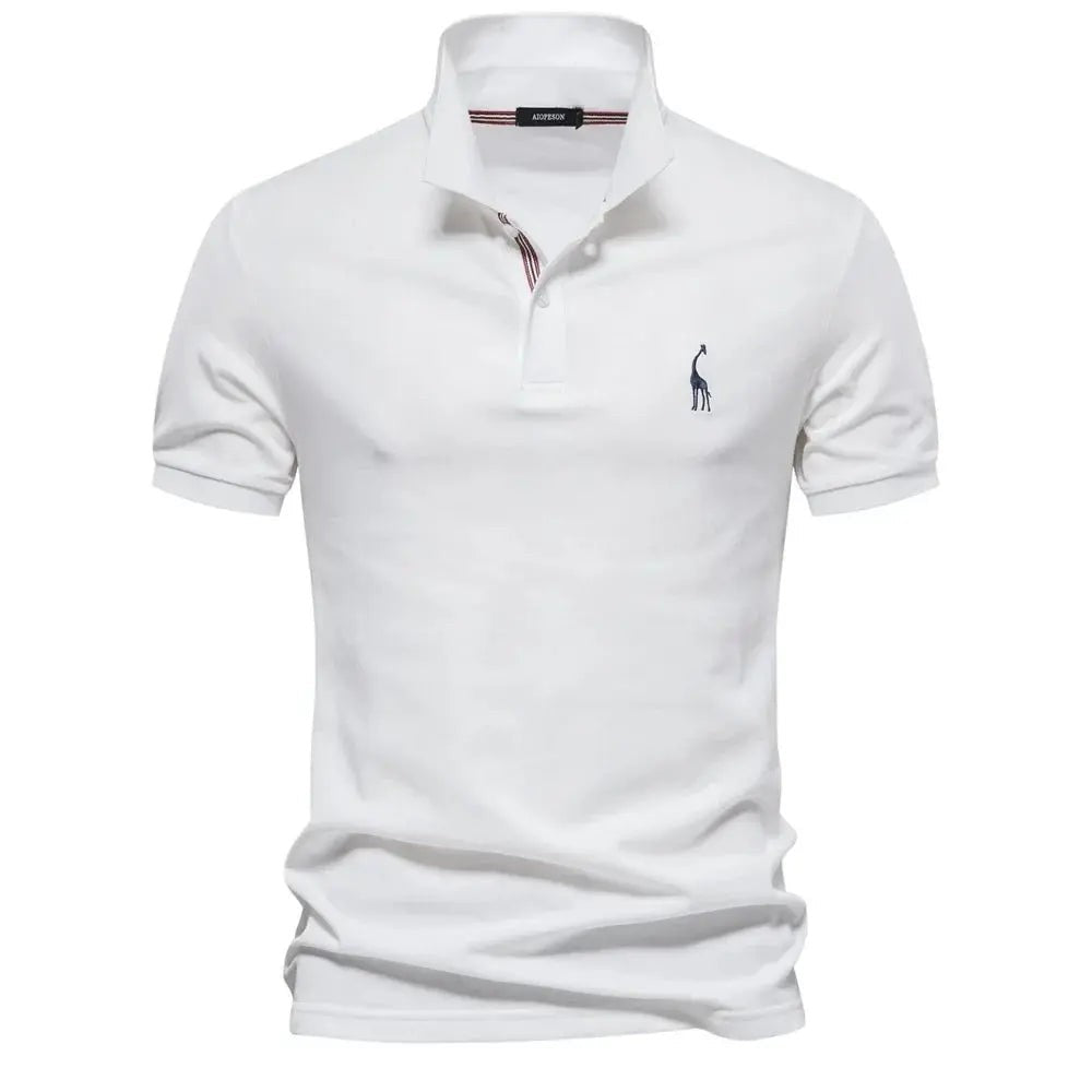 White short-sleeve polo shirt with classic collar and embroidered giraffe logo
