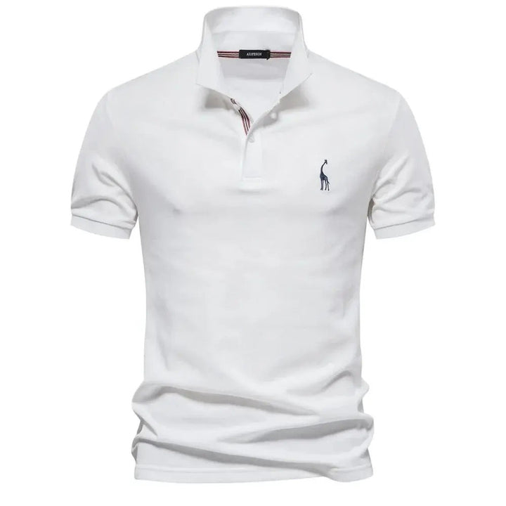 White short-sleeve polo shirt with classic collar and embroidered giraffe logo