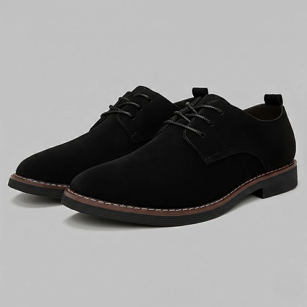 Black suede Derby shoes with contrast stitching and lace-up front