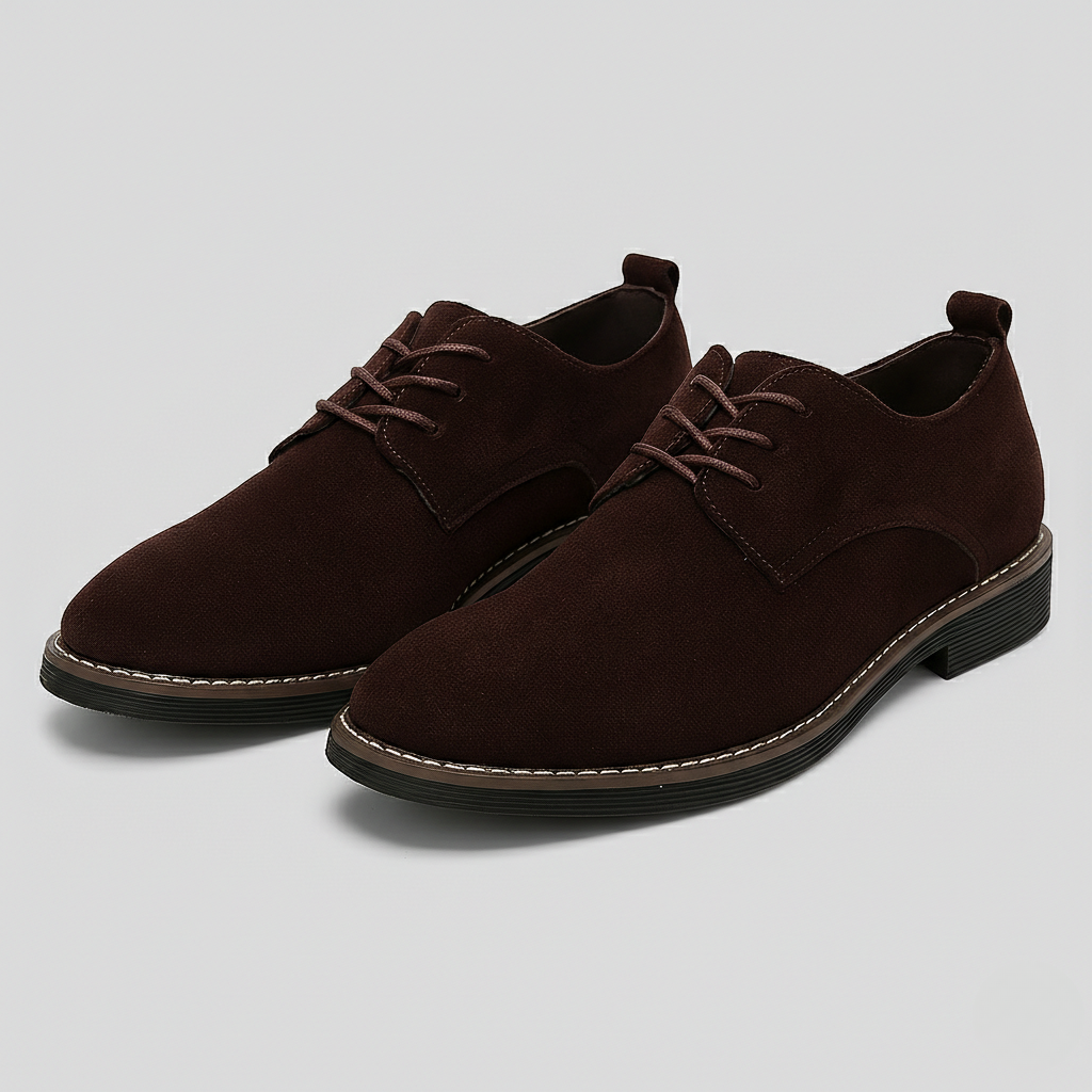 Brown suede Derby shoes featuring lace-up design and stacked heel