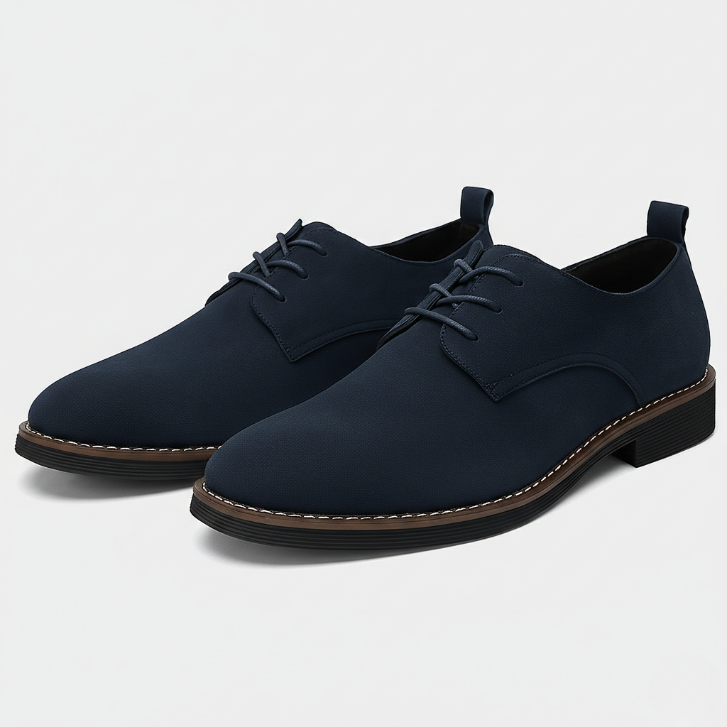 Navy suede Derby shoes with contrast stitched sole and lace fastening