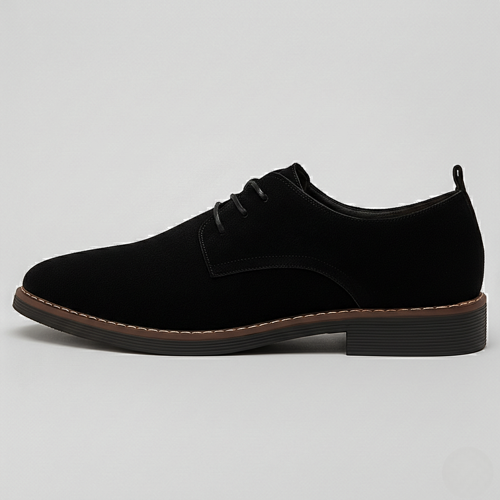 Side profile of black suede Derby shoe with tan contrast sole
