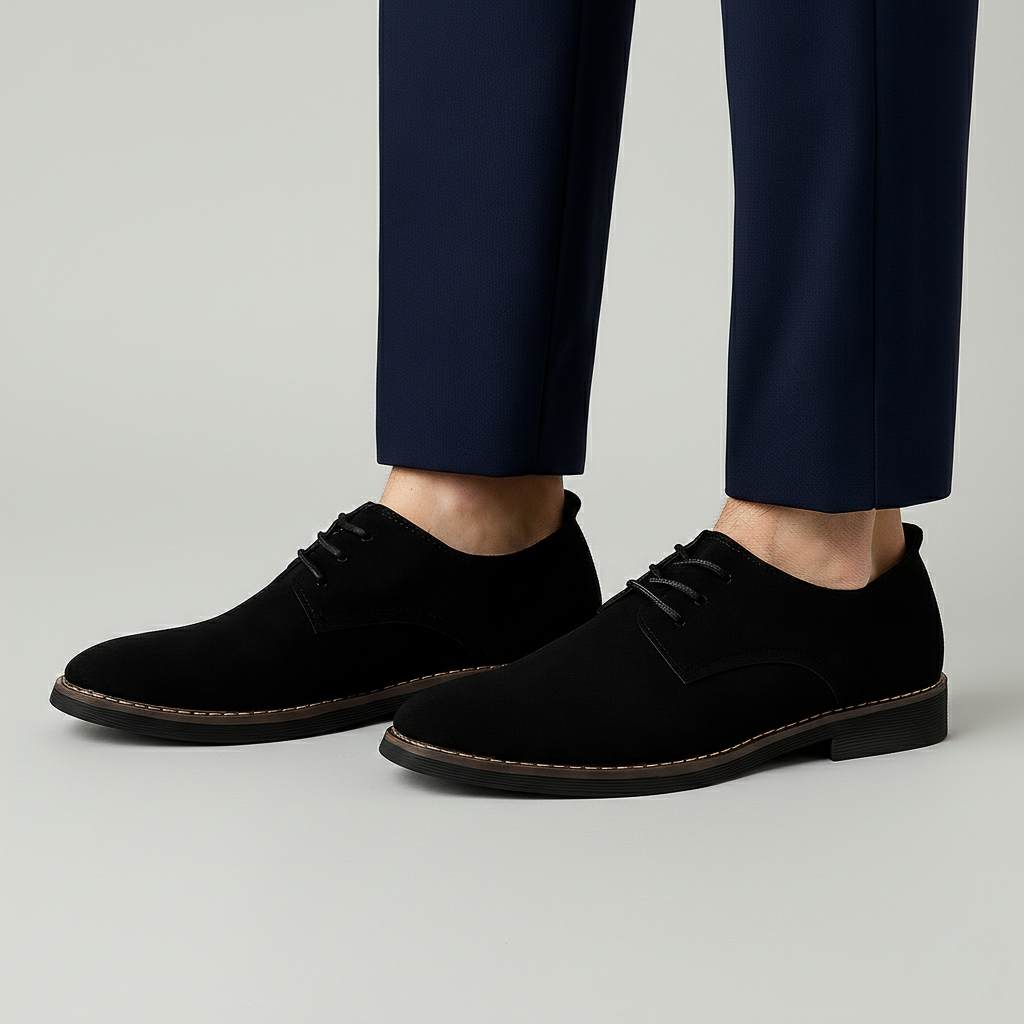 Man wearing black suede Derby shoes with tailored navy trousers